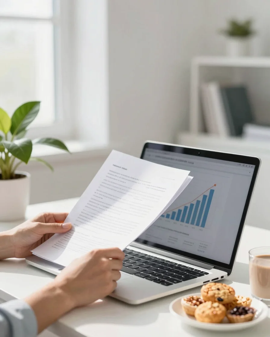 A person reading research papers on a laptop in a bright, clean, modern office, with a healthy snack on the desk. Soft m